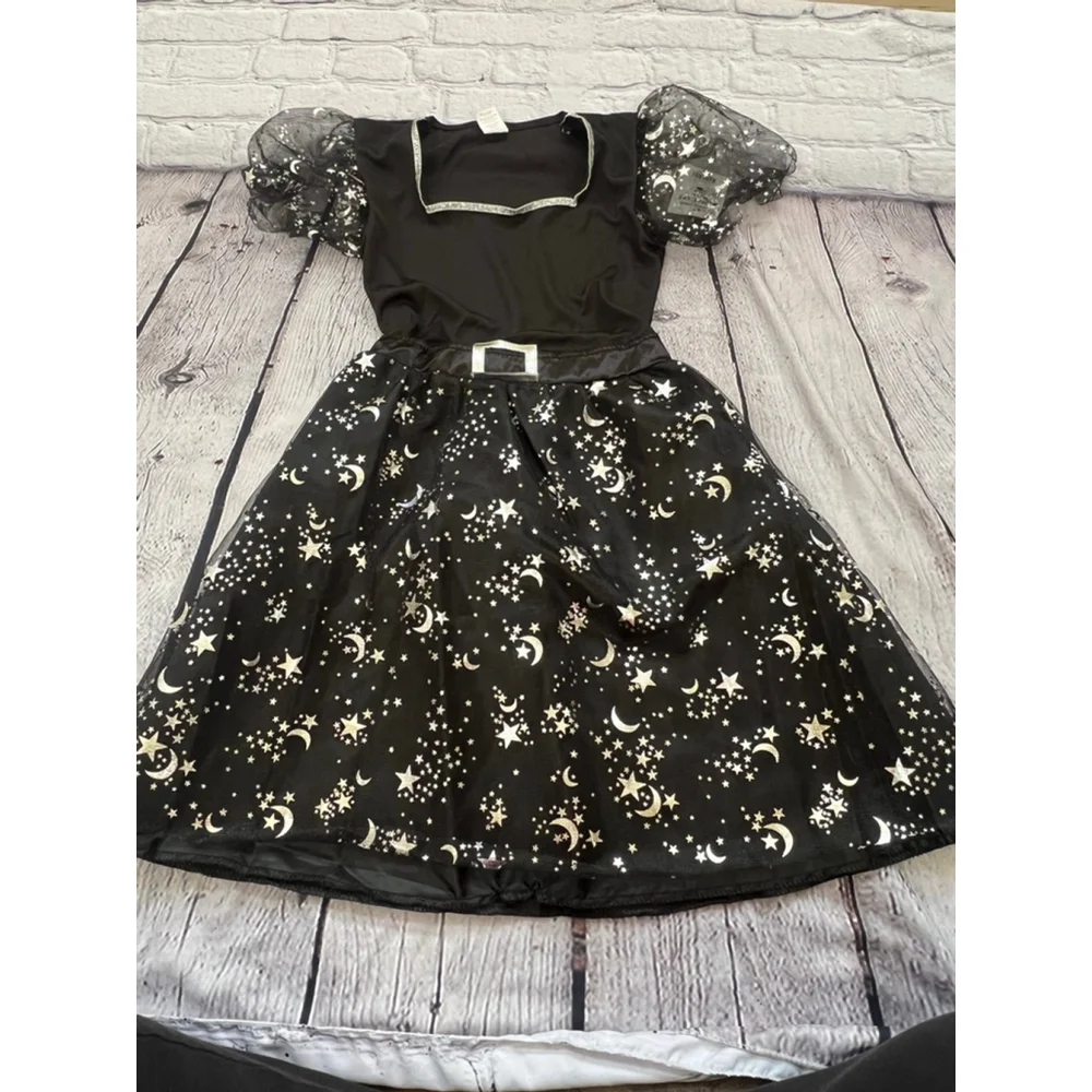 NEW Girls Halloween Celestial Witch Costume Black Silver M(7/8)